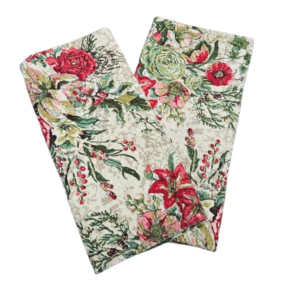 April Cornell Floral Cotton Waffle Weave Tea Towels Red Green Bouquet Holiday - Picture 1 of 9